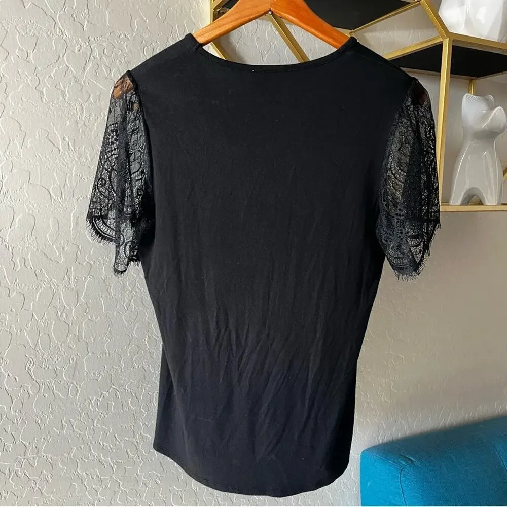Carmen Marc Valvo black sheer lace sleeve blouse womens size small S stretchy - Picture 4 of 7
